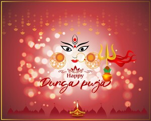 Vector banner of Happy Durga puja, Indian Goddess, beautiful Durga face, trident, kalash with coconut and ashoka leaves, diya, temples, navratri festival illustration.