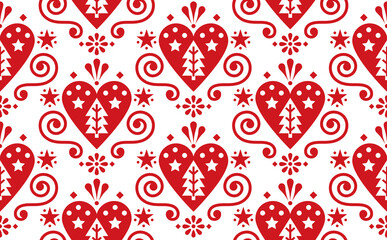 Fototapeta na wymiar Christmas cute Scandinavian folk art vector red seamless pattern with hearts, christmas trees, flowers and swirls 