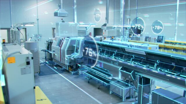Futuristic Concept: Factory Digitalization with Information Showing Efficiency Percentage of High-Tech Modern Electronics Facility. CNC Automatic Machinery Manufacturing Products Using IoT Industry