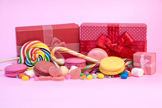 A lot of colorful candy  on colourful background, Valentines Day background
