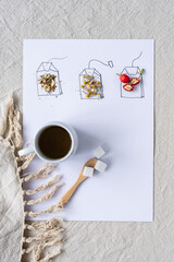 Selbst gezeichnete Teebeutel mit frischen Kräutern und Früchten, eine Tasse Tee und Würfelzucker auf einem weißen Hintergrund. Flat lay, Heißgetränk, Illustration.