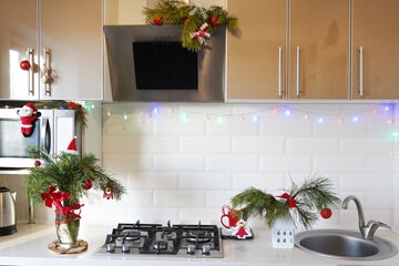 Kitchen interior of christmas time decoration at home