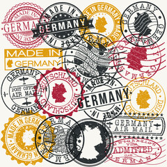 Germany Set of Stamps. Travel Passport Stamp. Made In Product. Design Seals Old Style Insignia. Icon Clip Art Vector.