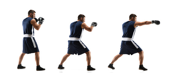 Attacking. Young professional boxer training in action, motion of step-to-step kicking isolated on white background. Concept of sport, movement, energy and dynamic, healthy lifestyle. Flyer.