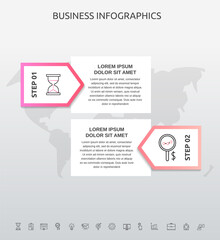 Infographics rectangle with 2 steps, arrows. Vector template used for diagram, business, web, banner, workflow layout, presentations, flowchart