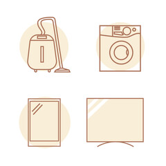 Vector set of appliances icons. Washer, vacuum cleaner, TV and phone on a beige background. Goods for home.