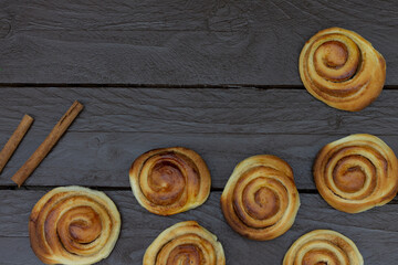 Cinnamon rolls on the table. horizontal top view