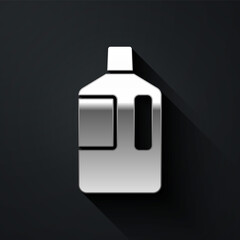 Silver Big bottle with clean water icon isolated on black background. Plastic container for the cooler. Long shadow style. Vector Illustration.