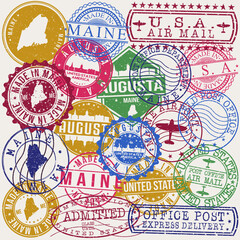 Augusta Maine Set of Stamps. Travel Stamp. Made In Product. Design Seals Old Style Insignia.