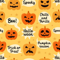 Halloween seamless pattern with with pumpkins and Halloween quotes. Vector