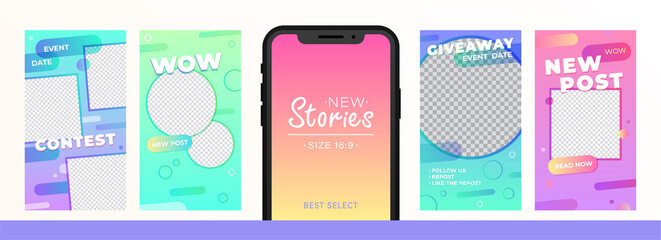 Creative Stories Pack for social media. Trendy editable template for social networks stories. Story template theme for New post, contest, giveaway. Vector cover design for photos.