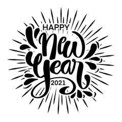 Happy 2021 New Year hand lettering with sunburst.