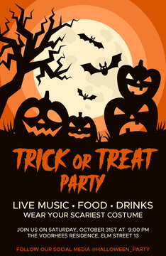 Happy Halloween promo flyers with Halloween elements, moon, pumpkins, bats and place for text. Halloween party poster. Vector