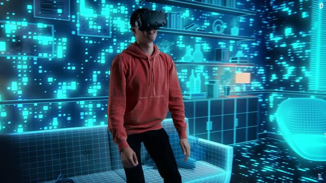 Internet Interface Concept: Person Sitting on Couch Puts on Virtual Reality Headset and Enters Cyberspace Internet Interface He Browses Web Content, Watches Video Streaming, Social Media