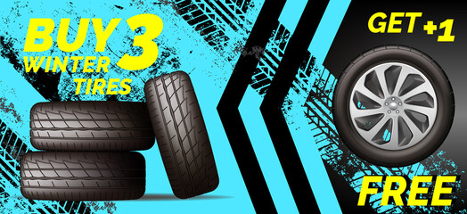 Car tires shop banner with discount offer, blue background. Brochure template with winter automobile wheels sale ad, vector illustration.