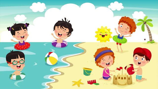 Happy Children Having Fun At Beach