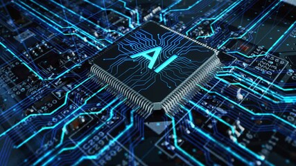 Futuristic High-Tech Concept Visualization: Motherboard CPU Processor Microchip Starting Artificial Intelligence Digitalization of Data information Processing. Digital Lines Connect into AI Symbol - Powered by Adobe