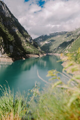 amazing mountain lake scenery. Beautiful lake with hills and mountains. Montenegro, Piva Lake