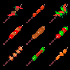 Food set of nine images of shish kebab. Images for different purposes sites, logos, restaurant menus, and more.