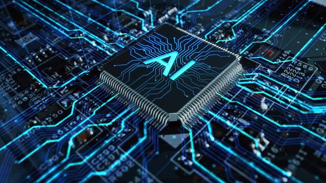Futuristic High-Tech Concept Visualization: Motherboard CPU Processor Microchip Starting Artificial Intelligence Digitalization of Data information Processing. Digital Lines Connect into AI Symbol - Powered by Adobe