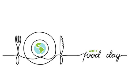 World food day holiday concept with earth or globe and plate, knife and fork. Single line art with text Food Day.