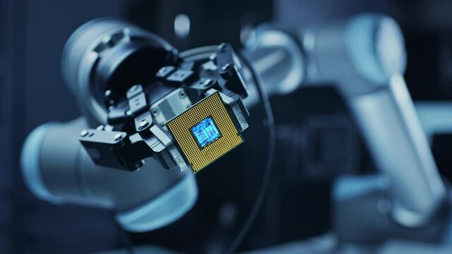 Futuristic Animation Concept: Modern Authentic Robot Arm Holding Contemporary Super Computer Processor Smoothly Moving into Focus.CPU Microchip Digitilizes and Sends Data Power Lines with AI Symbol