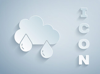 Paper cut Cloud with rain icon isolated on grey background. Rain cloud precipitation with rain drops. Paper art style. Vector.