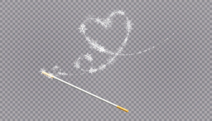 Magic wand with heart shaped snowflakes in a flat style in continuous drawing lines. Trace of white dust. Magic abstract background isolated on on transparent background. Miracle and magic. Vector
