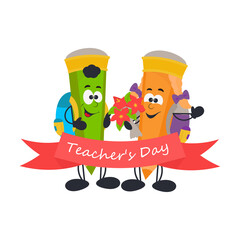 Teacher's Day concept. Cute cartoon pencils with school bag. Vector illustration in cartoon style. Cute pupils pencil character for website banner, card, presentation