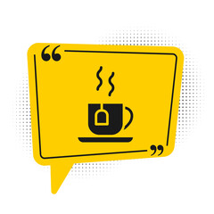 Black Cup of tea with tea bag icon isolated on white background. Yellow speech bubble symbol. Vector.