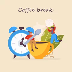 Fotobehang Coffee break concept. Clock with tea cup and small people. Breakfast time splash effect business concept. Vector illustration for poster, web page, banner © Kostiantyn