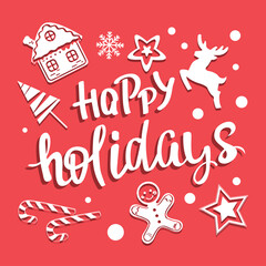 Christmas card with the inscription Happy Holidays and vector new year items on a red background