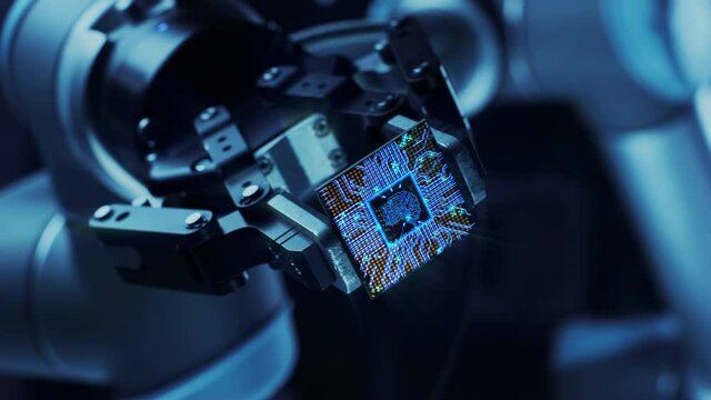 Advanced Animation Concept: Modern Authentic Robot Arm Holding Contemporary Super Computer Processor Moving into Focus.CPU Microchip Digitalization of Information Power with Brain Logo 