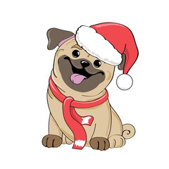 Vector cartoon illustration with funny pug dog wearing santa claus hat