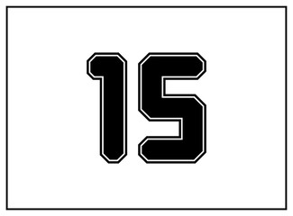 15 number classic american, college style font. Uniform letter in black with a black outside contour line. Vintage sport font.For jersey, t-shirt, basketball, baseball, football. Isolated vector