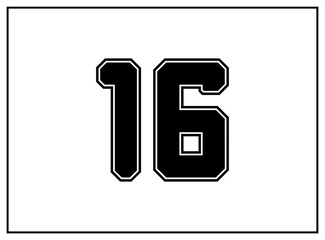 16 number classic american, college style font. Uniform letter in black with a black outside contour line. Vintage sport font.For jersey, t-shirt, basketball, baseball, football. Isolated vector