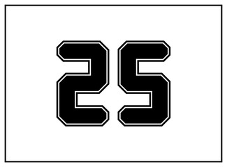 25 number classic american, college style font. Uniform letter in black with a black outside contour line. Vintage sport font.For jersey, t-shirt, basketball, baseball, football. Isolated vector