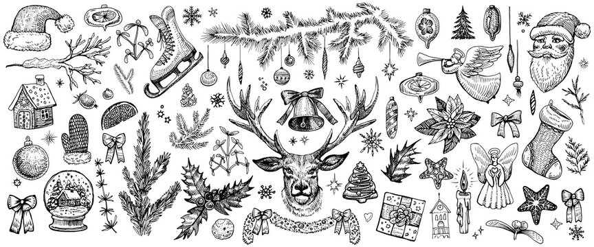 Christmas decorations, hand drawn vector elements. Rustic winter sketches.