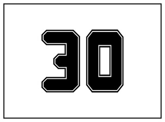 30 number classic american, college style font. Uniform letter in black with a black outside contour line. Vintage sport font.For jersey, t-shirt, basketball, baseball, football. Isolated vector