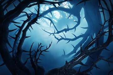 dark forest with thorny bushes