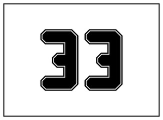 33 number classic american, college style font. Uniform letter in black with a black outside contour line. Vintage sport font.For jersey, t-shirt, basketball, baseball, football. Isolated vector