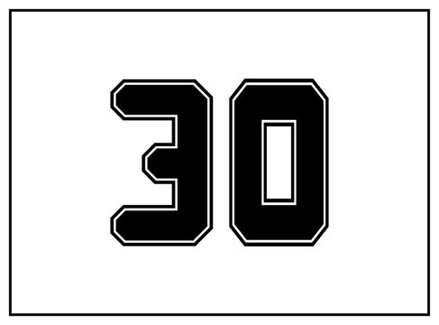 30 Number Classic American, College Style Font. Uniform Letter In Black With A Black Outside Contour Line. Vintage Sport Font.For Jersey, T-shirt, Basketball, Baseball, Football. Isolated Vector