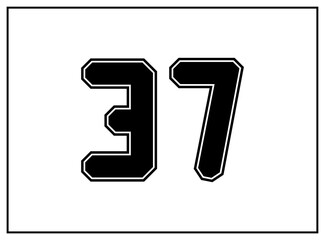 37 number classic american, college style font. Uniform letter in black with a black outside contour line. Vintage sport font.For jersey, t-shirt, basketball, baseball, football. Isolated vector