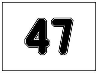 47 number classic american, college style font. Uniform letter in black with a black outside contour line. Vintage sport font.For jersey, t-shirt, basketball, baseball, football. Isolated vector