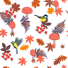 Seamless autumn pattern with fly agaric, herbs, birds and fern.