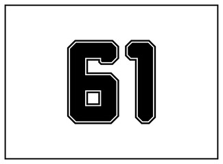 61 number classic american, college style font. Uniform letter in black with a black outside contour line. Vintage sport font.For jersey, t-shirt, basketball, baseball, football. Isolated vector