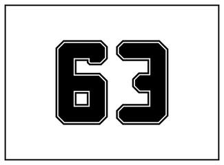 63 number classic american, college style font. Uniform letter in black with a black outside contour line. Vintage sport font.For jersey, t-shirt, basketball, baseball, football. Isolated vector