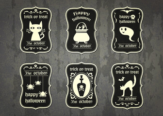 Happy Halloween vector tag with cute cartoon in vintage style.