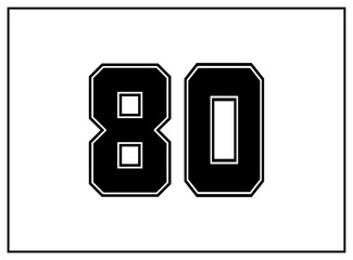 80 number classic american, college style font. Uniform letter in black with a black outside contour line. Vintage sport font.For jersey, t-shirt, basketball, baseball, football. Isolated vector