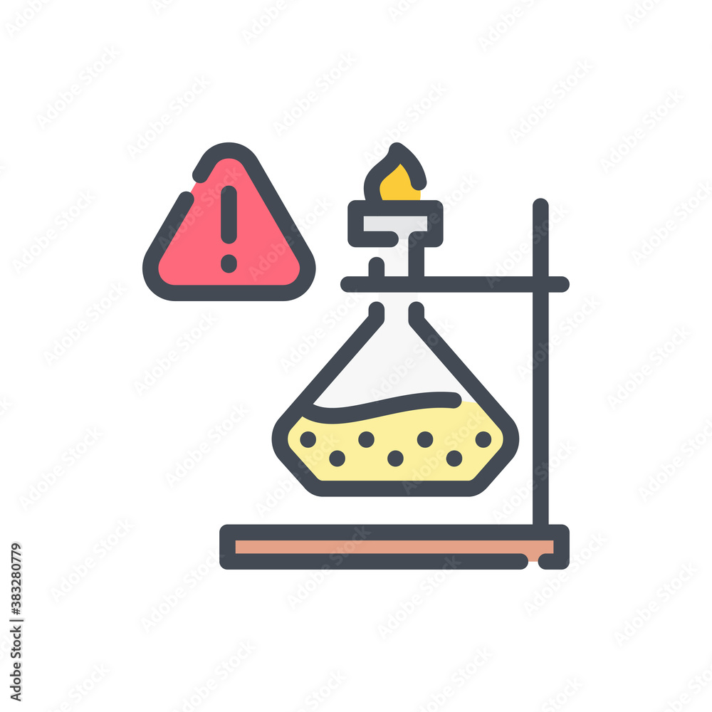 Poster lab experiment with bottle with burning liquid and attention notification color line icon. science e